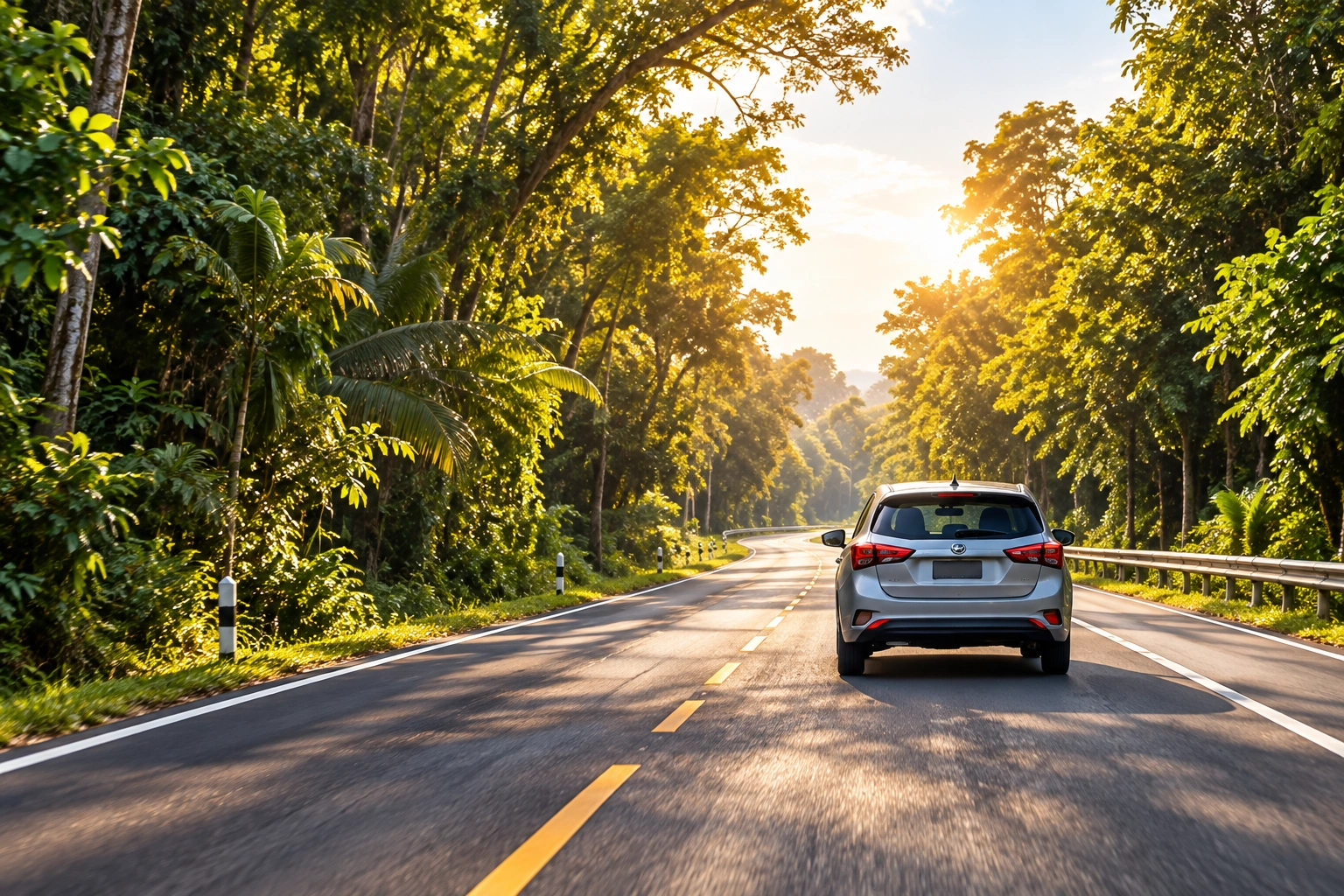 Kereta di jalan raya berlatar hutan